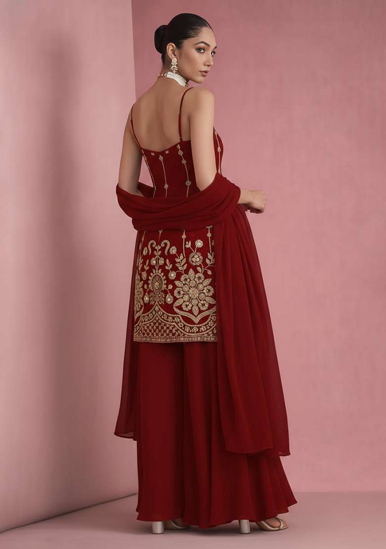 Red Sequin Mesh Sharara Set - Indya