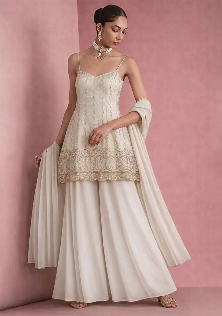 White Sequin Mesh Sharara Set - Indya