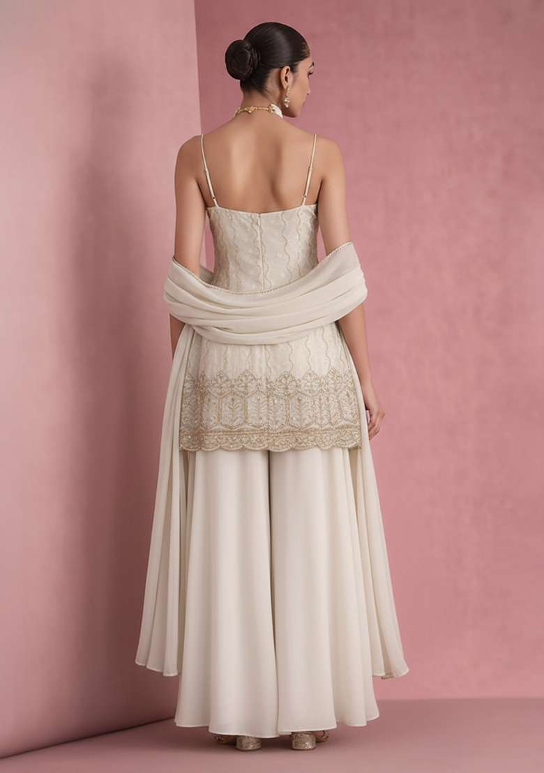 White Sequin Mesh Sharara Set - Indya