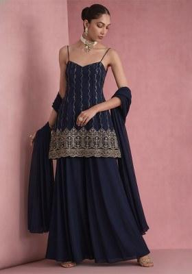 Midnight Blue Sequin Mesh Sharara Set