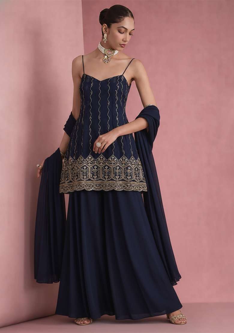 Midnight Blue Sequin Mesh Sharara Set - Indya