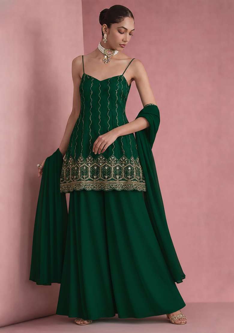 Bottle Green Sequin Mesh Sharara Set - Indya