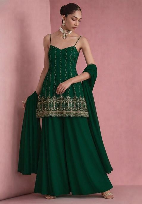 Bottle Green Sequin Mesh Sharara Set