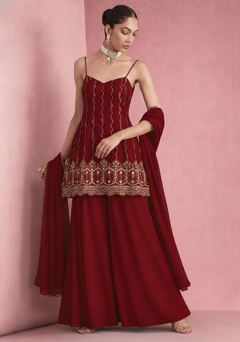Red Sequin Mesh Sharara Set - Indya
