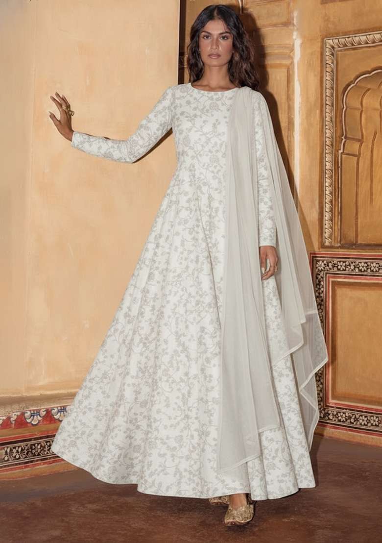 White Tissue Anarkali With Dupatta - Indya