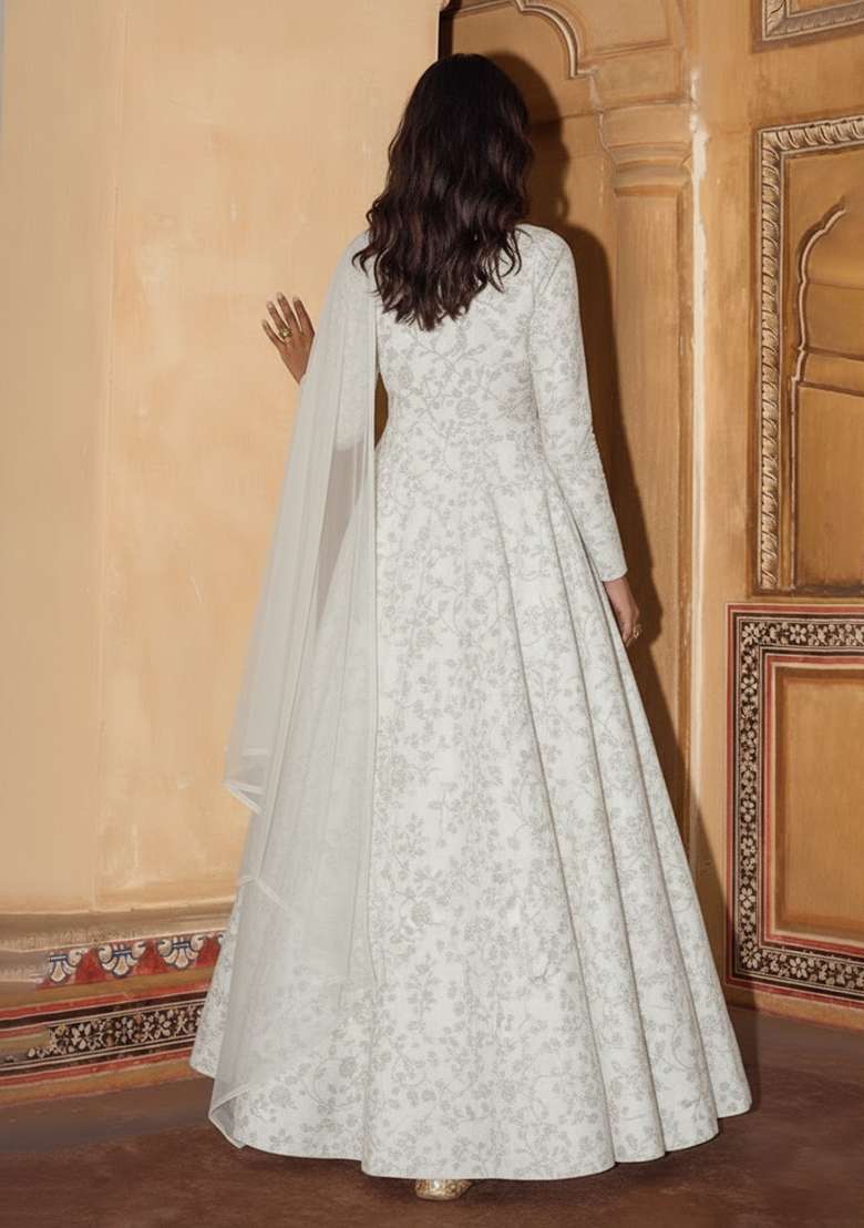 White Tissue Anarkali With Dupatta - Indya