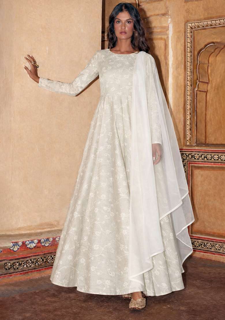 White Tissue Anarkali With Dupatta - Indya