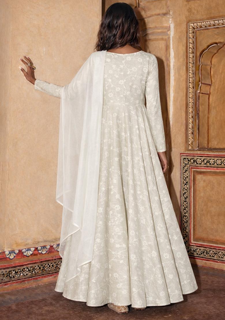 White Tissue Anarkali With Dupatta - Indya