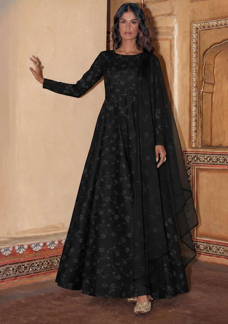 Black Tissue Anarkali With Dupatta - Indya