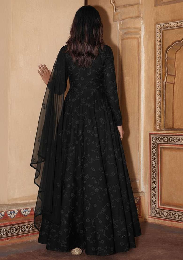 Black Tissue Anarkali With Dupatta - Indya