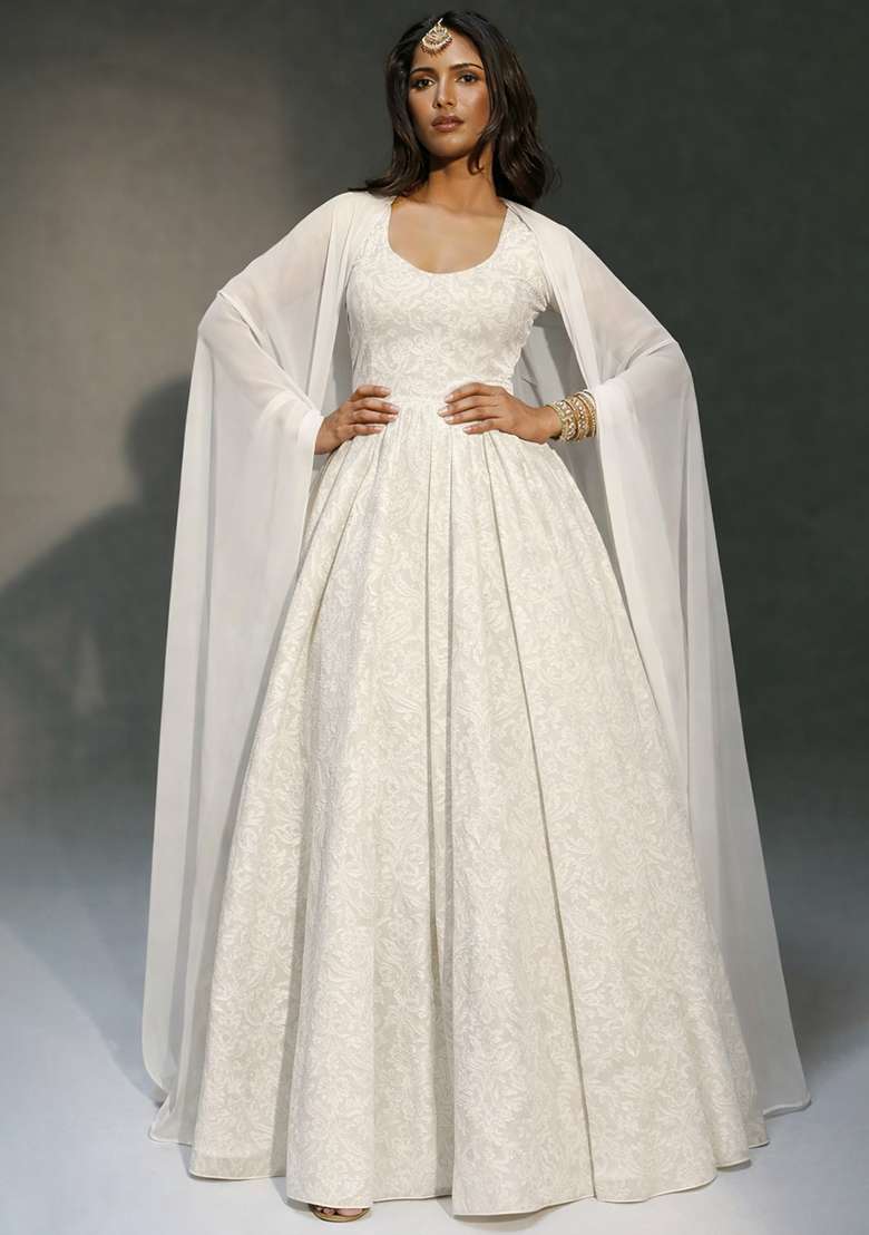 White Tissue Anarkali With Dupatta - Indya