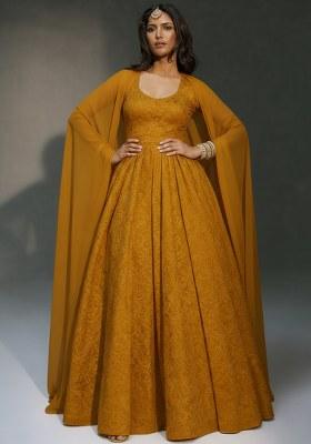 Mustard Tissue Anarkali With Dupatta
