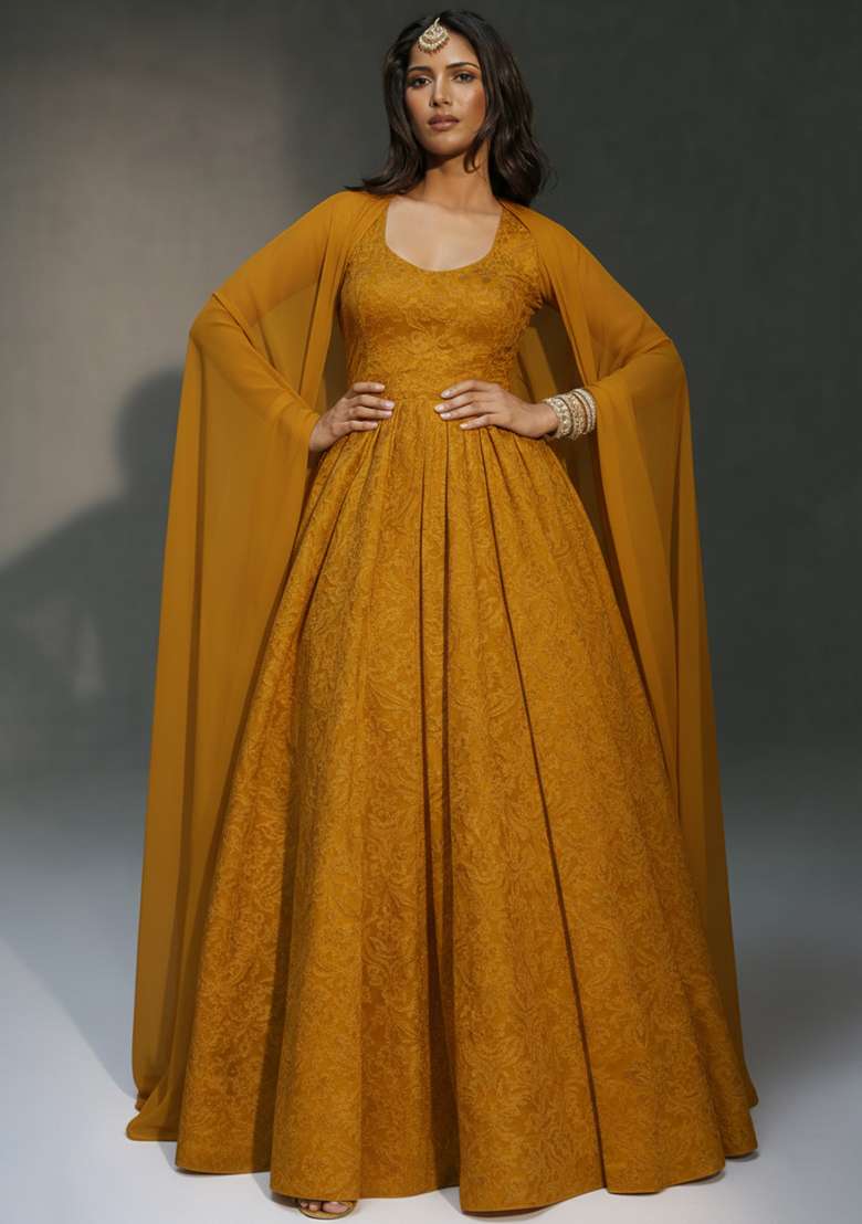 Mustard Tissue Anarkali With Dupatta - Indya