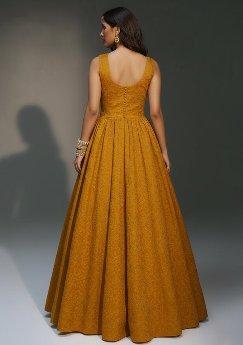 Mustard Tissue Anarkali With Dupatta - Indya