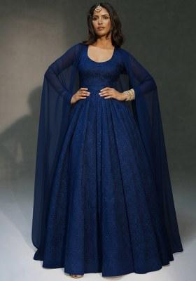 Navy Blue Tissue Anarkali With Dupatta