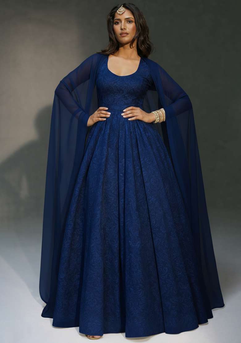 Navy Blue Tissue Anarkali With Dupatta - Indya