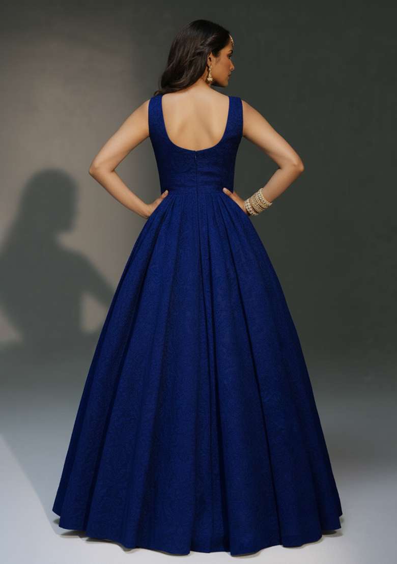 Navy Blue Tissue Anarkali With Dupatta - Indya