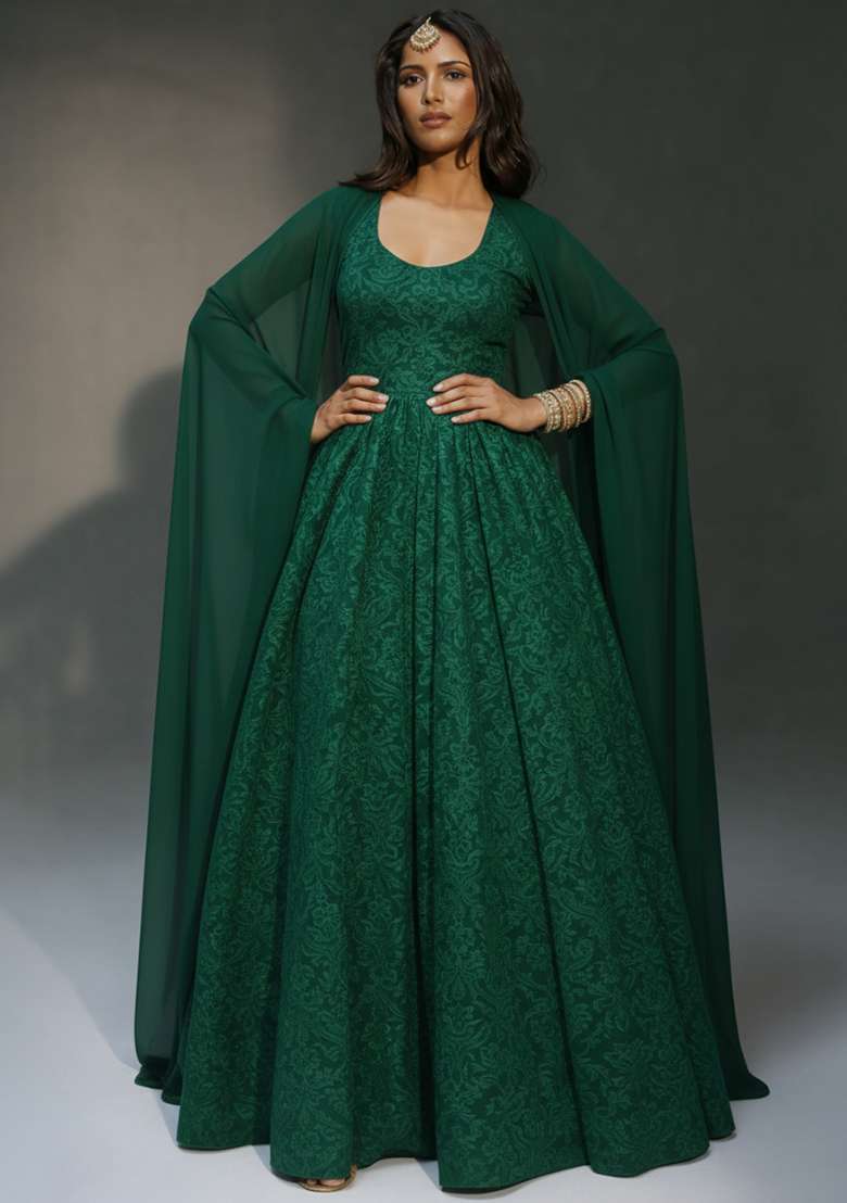 Bottle Green Tissue Anarkali With Dupatta - Indya