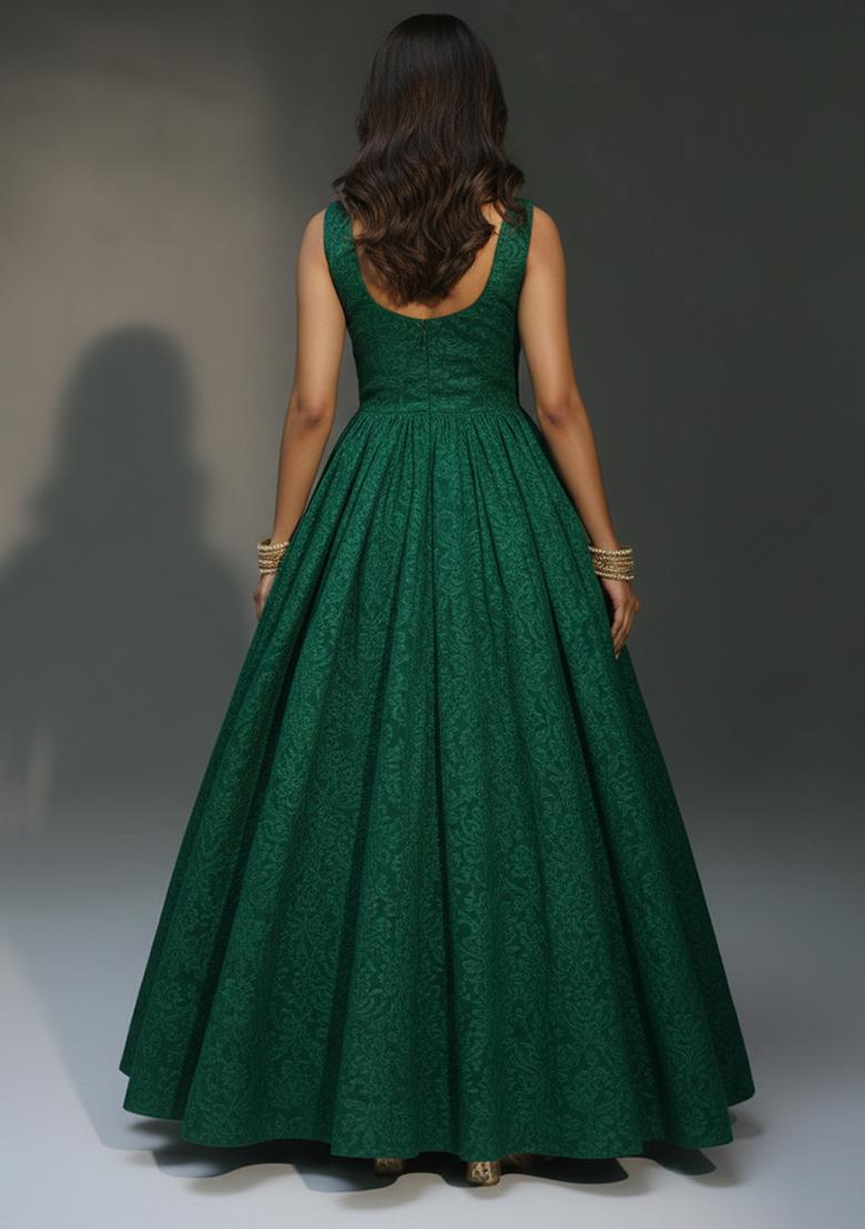 Bottle Green Tissue Anarkali With Dupatta - Indya