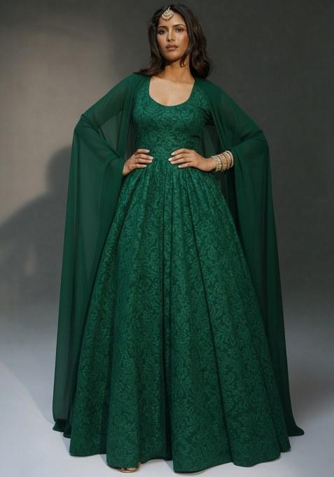 Bottle Green Tissue Anarkali With Dupatta