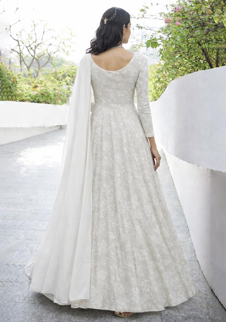 White Tissue Anarkali With Dupatta - Indya