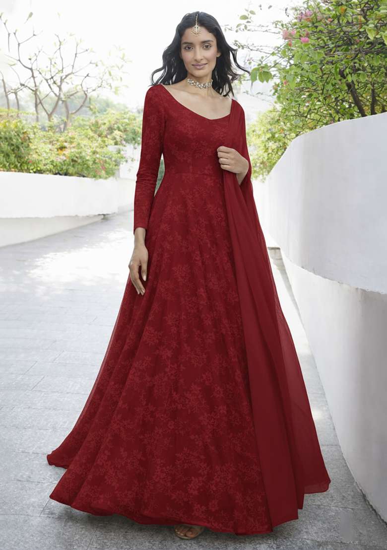 Deep Red Tissue Anarkali With Dupatta - Indya