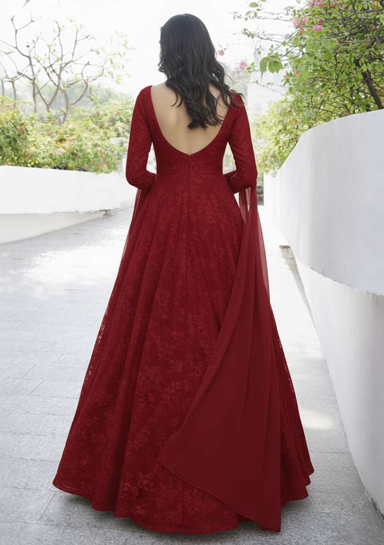 Deep Red Tissue Anarkali With Dupatta - Indya