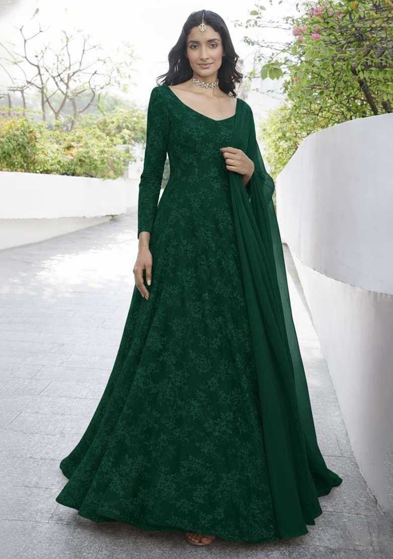 Bottle Green Tissue Anarkali With Dupatta - Indya