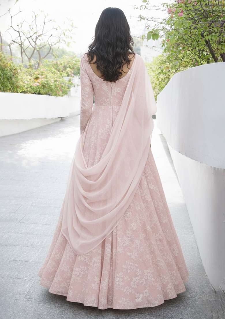 Blush Pink Tissue Anarkali With Dupatta - Indya