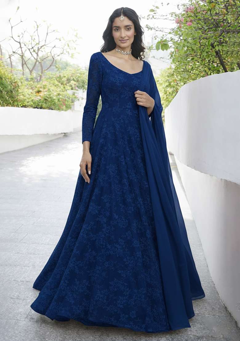 Deep Blue Tissue Anarkali With Dupatta - Indya