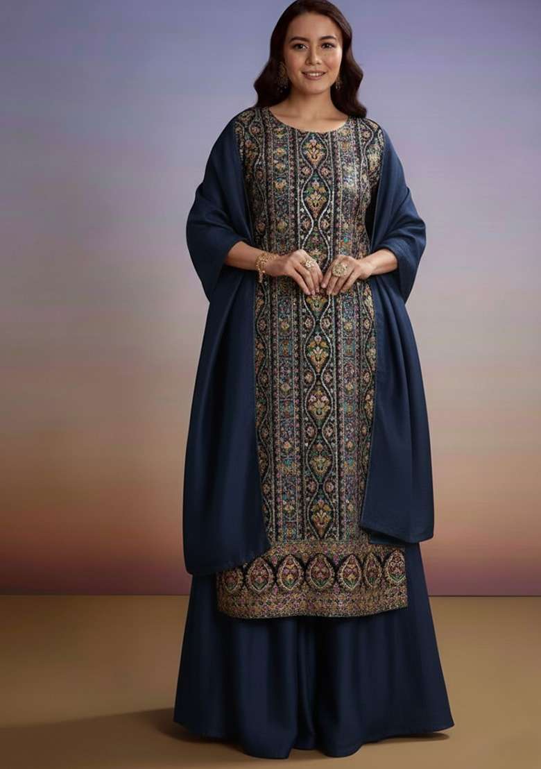 Midnight Blue Embroidered Crepe Sharara Set - Indya