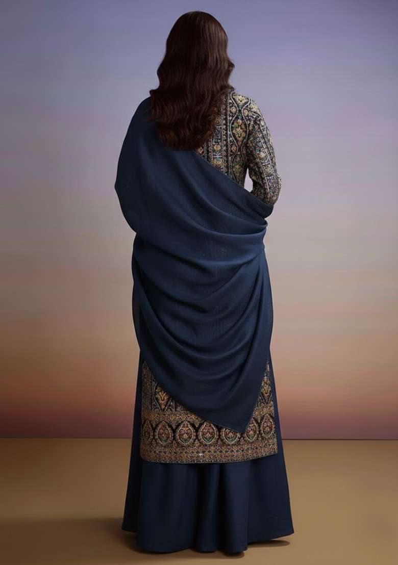 Midnight Blue Embroidered Crepe Sharara Set - Indya