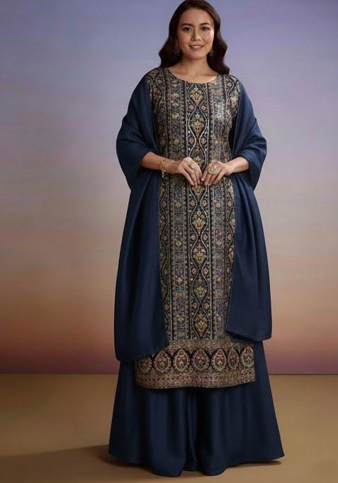 Midnight Blue Embroidered Crepe Sharara Set