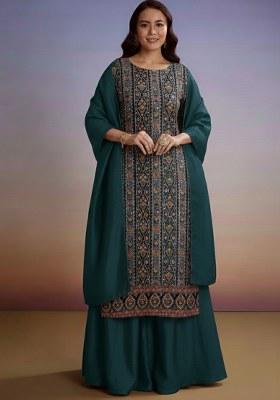 Bottle Green Embroidered Crepe Sharara Set