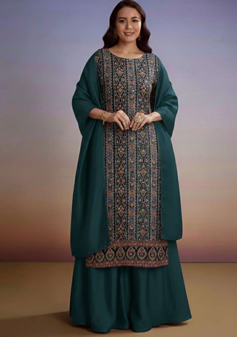 Bottle Green Embroidered Crepe Sharara Set - Indya