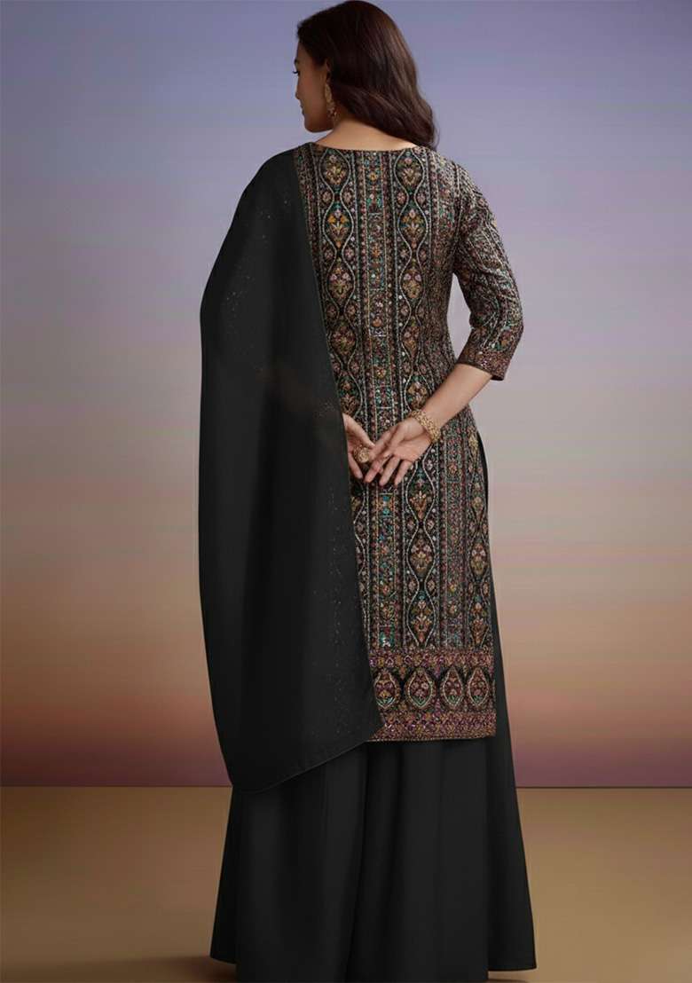 Black Embroidered Crepe Sharara Set - Indya