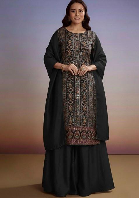 Black Embroidered Crepe Sharara Set