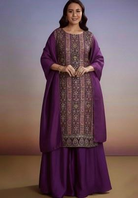 Purple Embroidered Crepe Sharara Set
