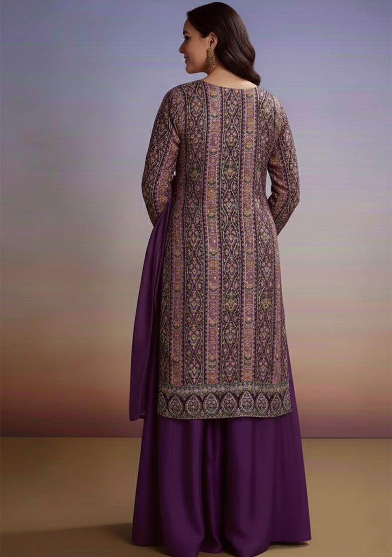 Purple Embroidered Crepe Sharara Set - Indya