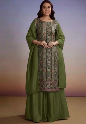 Olive Green Embroidered Crepe Sharara Set