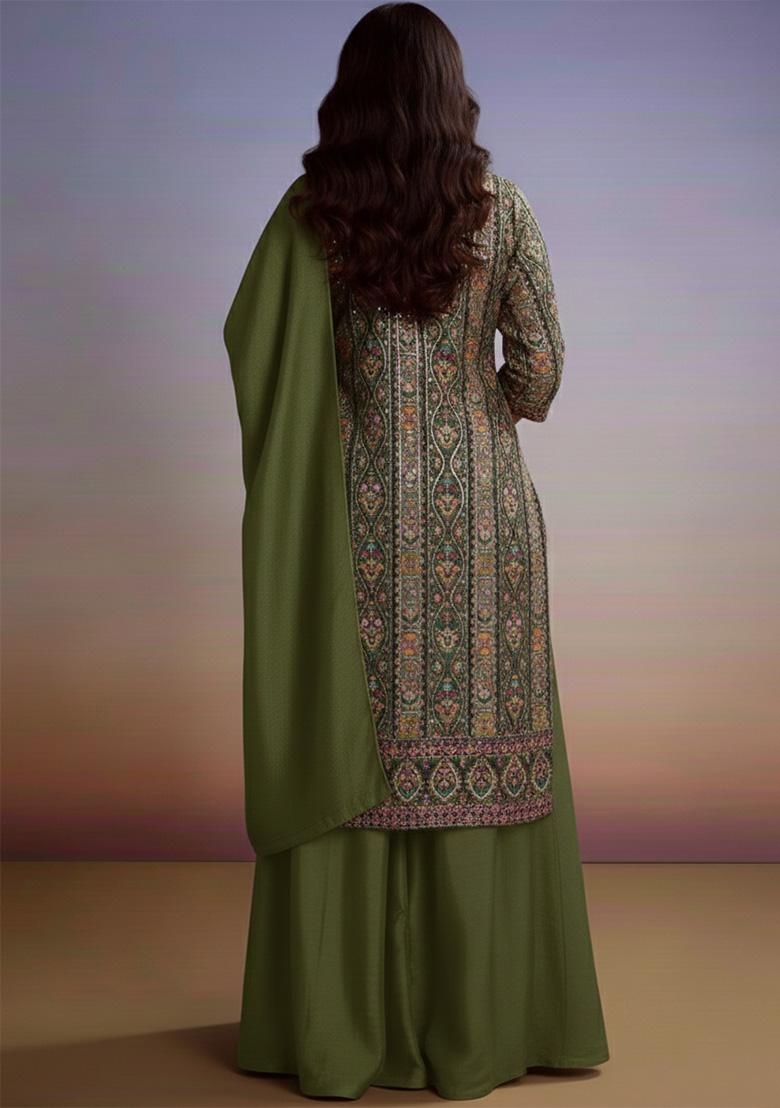Olive Green Embroidered Crepe Sharara Set - Indya