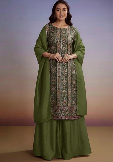 Olive Green Embroidered Crepe Sharara Set