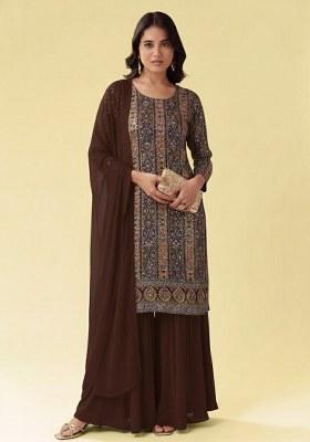 Brown Embroidered Crepe Sharara Set