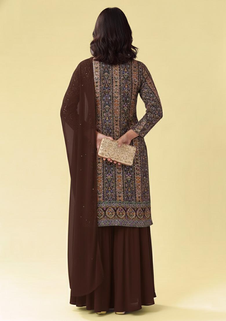 Brown Embroidered Crepe Sharara Set - Indya