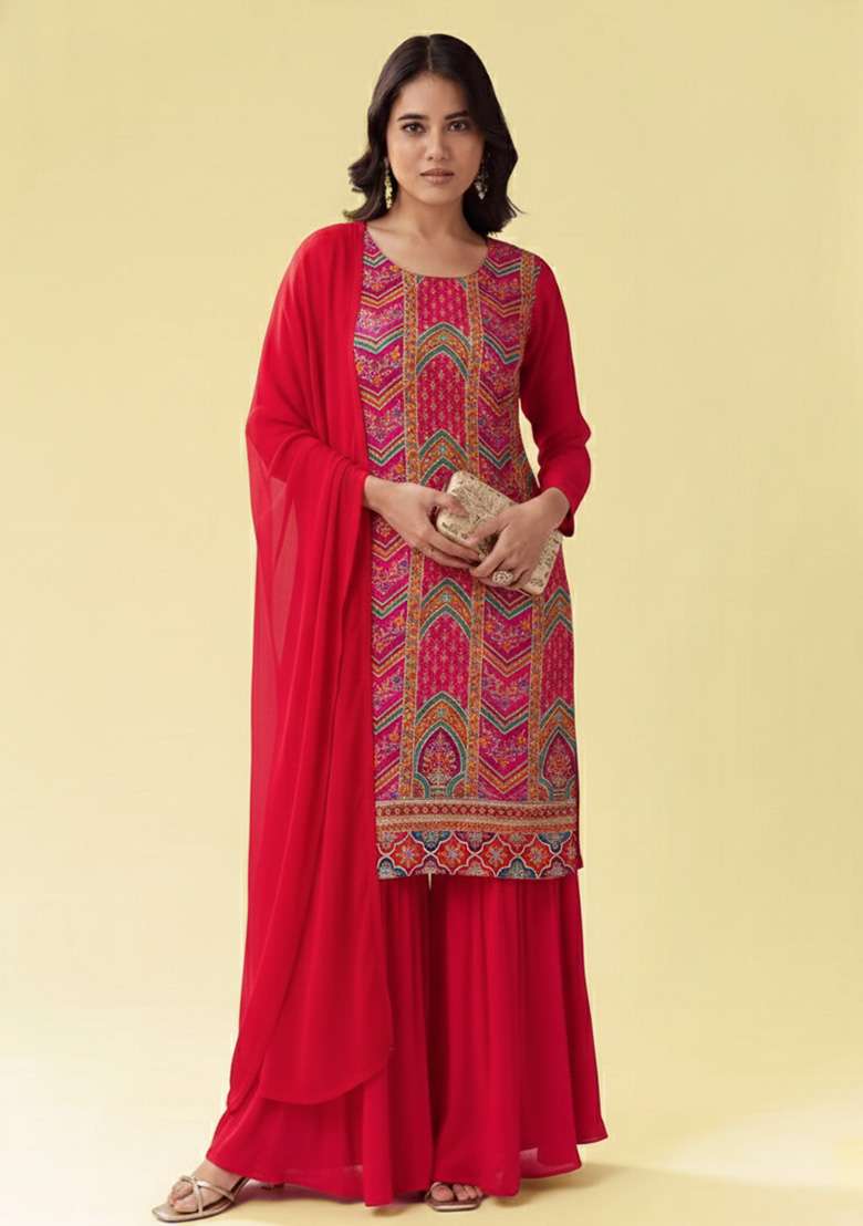 Pink Embroidered Crepe Sharara Set - Indya
