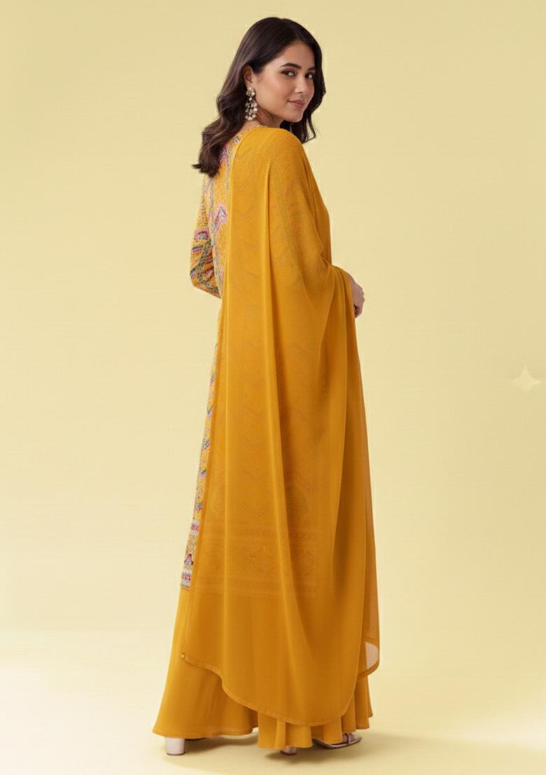 Yellow Embroidered Crepe Sharara Set - Indya