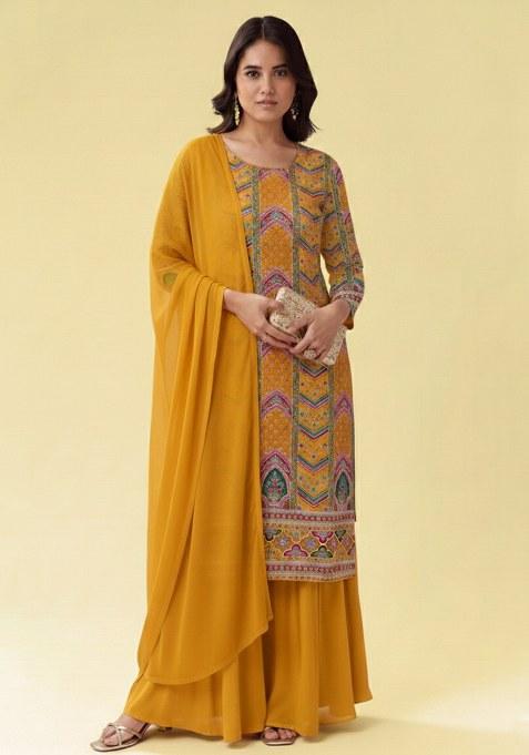 Yellow Embroidered Crepe Sharara Set