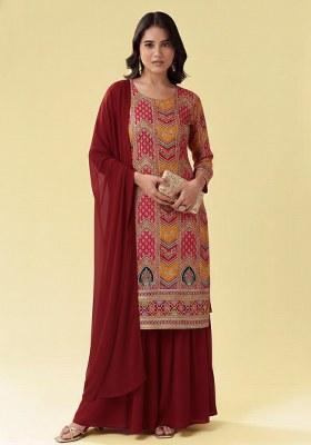 Deep Maroon Embroidered Crepe Sharara Set