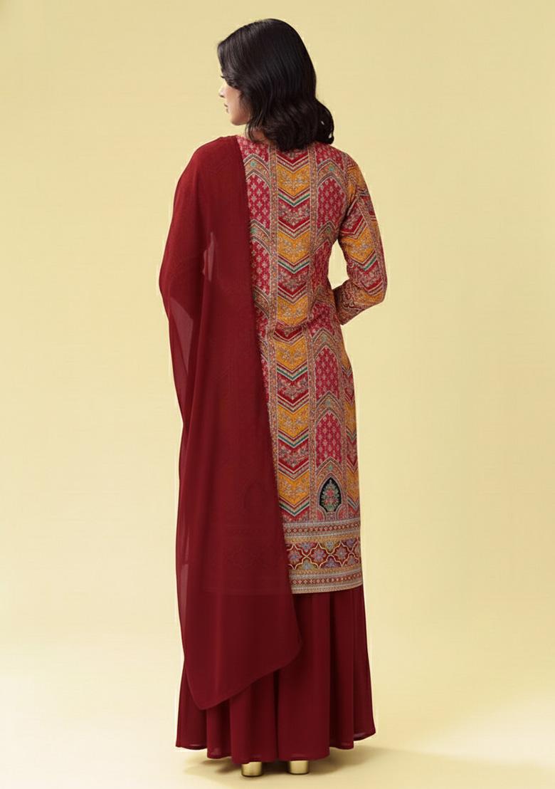Deep Maroon Embroidered Crepe Sharara Set - Indya