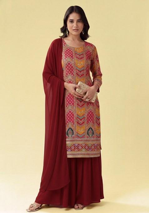 Deep Maroon Embroidered Crepe Sharara Set